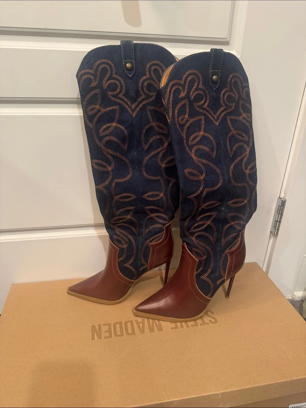 Steve Madden Brown Leather & Navy Embroidered Over-the-Knee Boots
